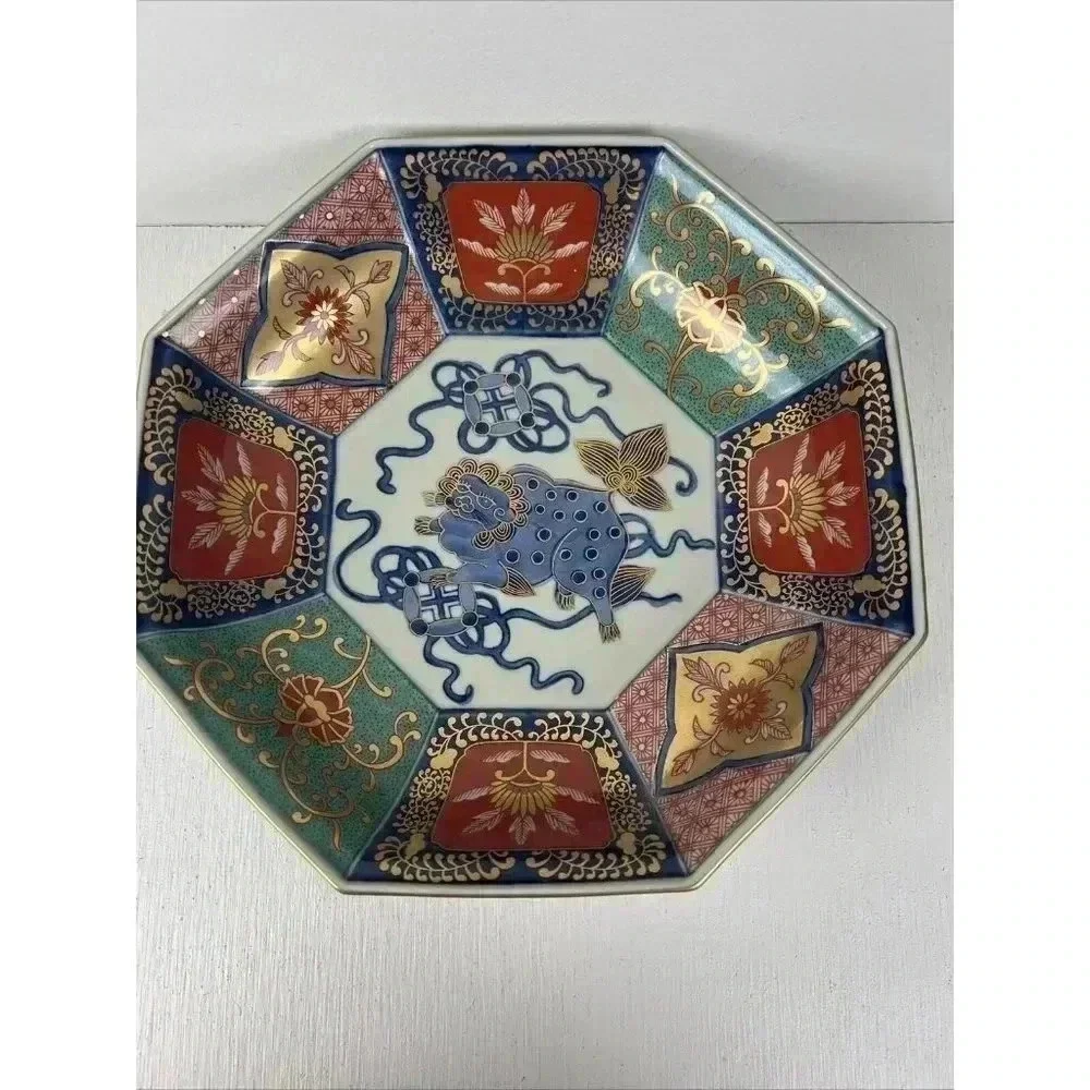 Rinkuro Kiln Old Imari Story Lion‎ And Peony Imari Octagon Bowl 9 inch